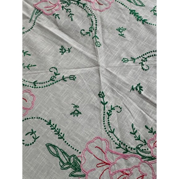 Vintage Floral Embroidered Round Tablecloth - 68" Diameter - Cotton & Linen Blen - Picture 6 of 9